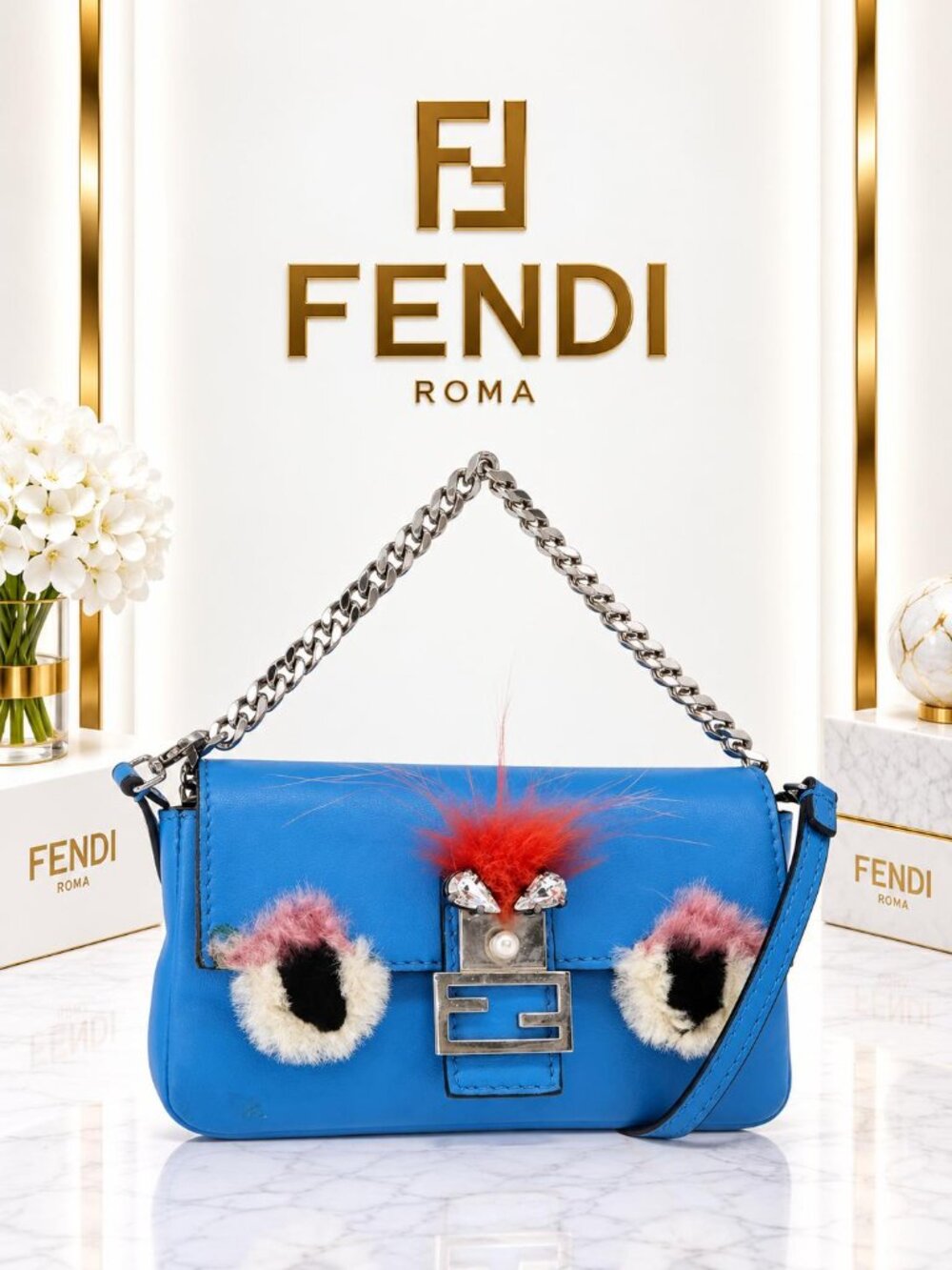 Authentic Fendi Micro Baguette Monster Blue Leather Fur Eyes Chain Crossbody Bag